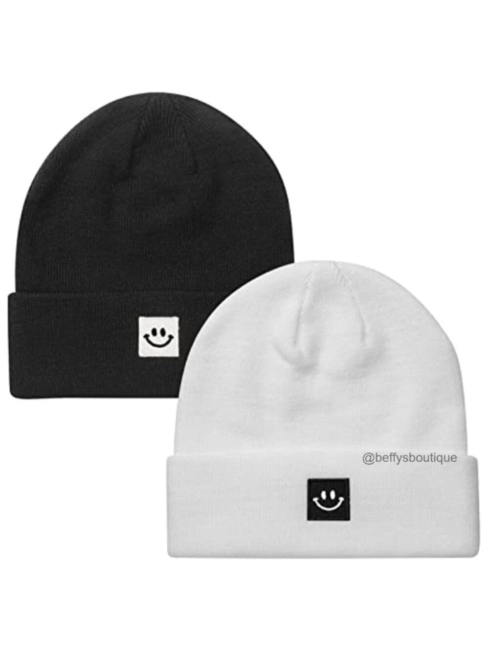 2 Pack Knit Beanie Hat Happy Face Embroidered Stretch Skull Cap